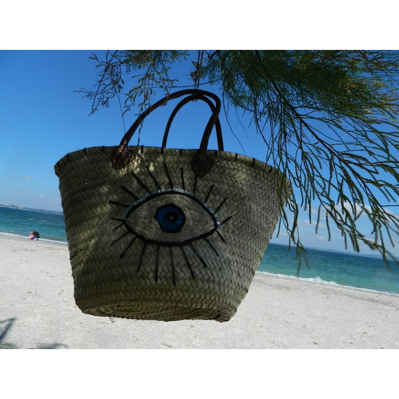 grand panier de plage motif oeil blanc